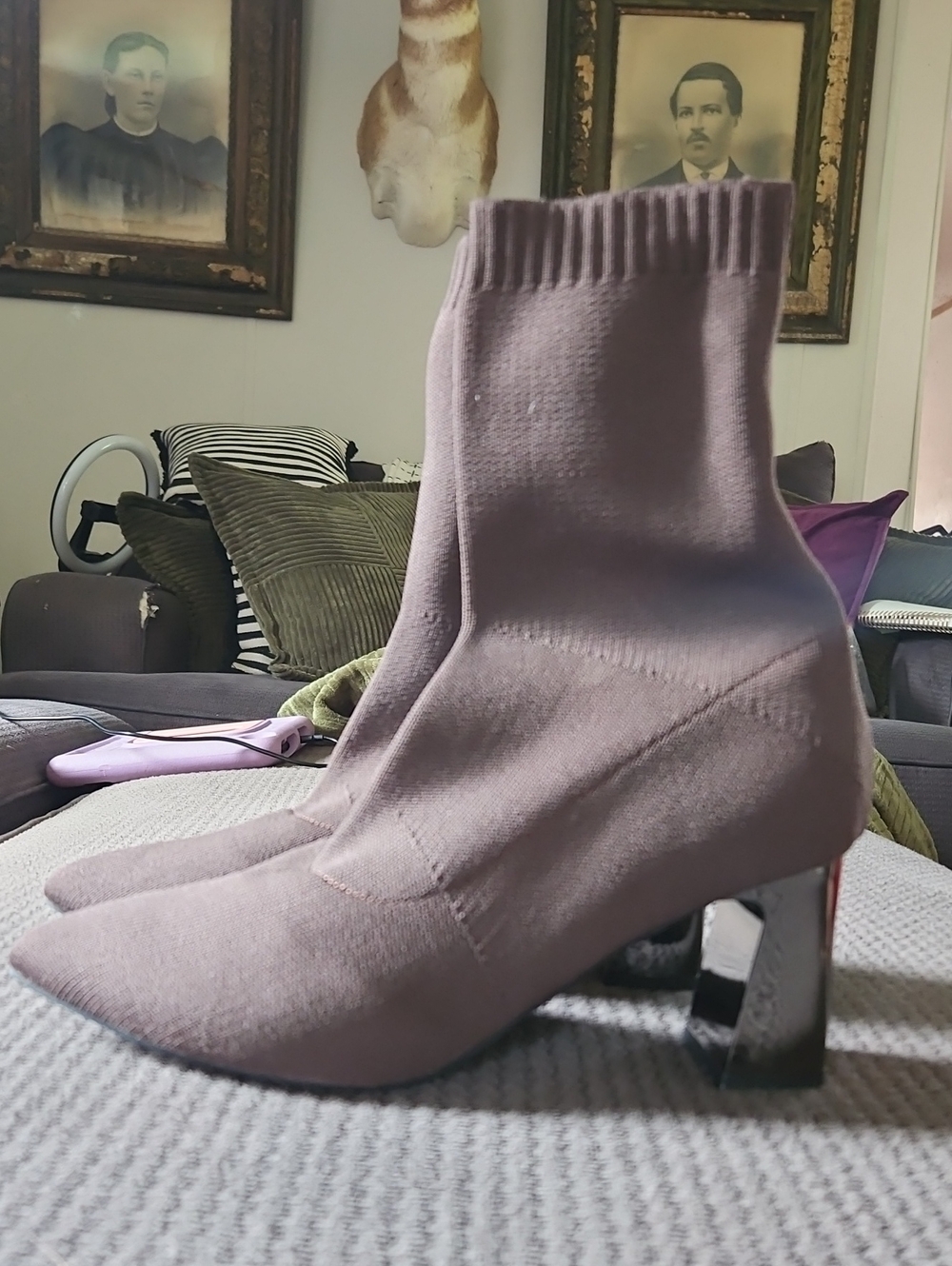 Knit Sock Bootie with Mirrored Block Heel - Chocolate Brown
